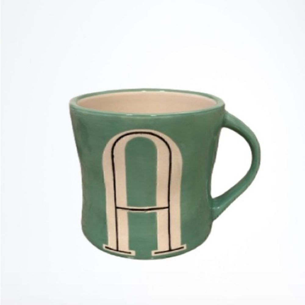 Anthropologie Hand Painted Letter A Monogram Green Ceramic Coffee Tea Mug